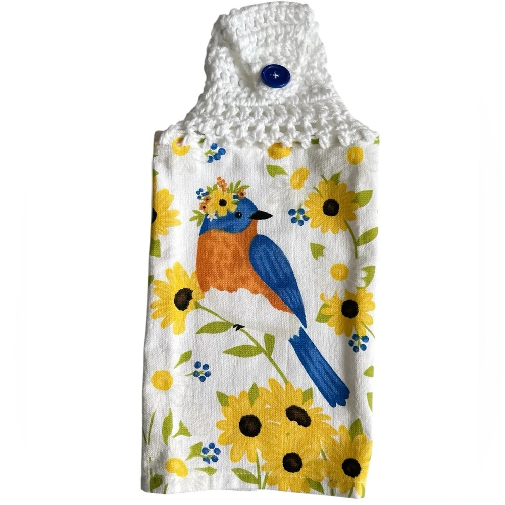 Hand Crafted Floral Blue Bird Hanging Kitchen Hand Towel Crochet Top